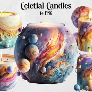 May include: Celestial Candles, a set of 14 PNG images featuring candles with a galaxy-inspired design. The candles are decorated with swirling colors and planets, creating a cosmic and whimsical aesthetic.