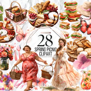 Aquarell Picknick Clipart, 28 png Sommer Picknick-Korb, Frühlings Picknick, Familien Brunch, Grill Essen, Abendessen, Picknick-Garten, kommerzielle Nutzung.