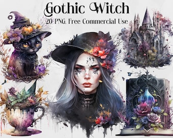Watercolour Gothic Witch Clipart - Dark Fairytale Fantasy PNG Digital Image Downloads for Card Making, Scrapbook, Junk Journal, Crafts