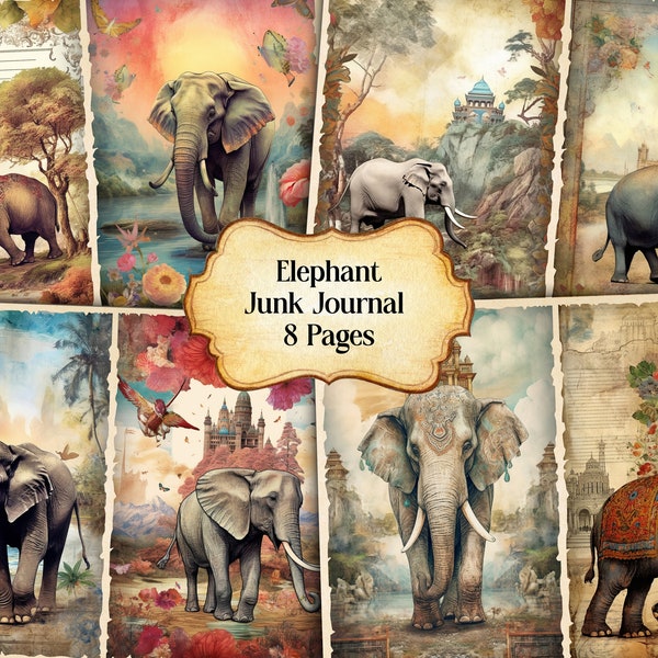 Watercolor Elephant Junk Journal Printable Page, Elephant Junk Journal Kit, Junk Journal Paper Digital Collage Sheet,Instant Download, VOL2