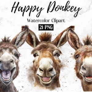 Happy Donkeys Clipart - 21 High Quality PNGs - Digital Planner, Junk Journaling, Watercolor, Wall Art, Commercial Use - Digital Download