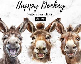 Happy Donkeys Clipart - 21 High Quality PNGs - Digital Planner, Junk Journaling, Watercolor, Wall Art, Commercial Use - Digital Download