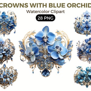Royal Crowns With Blue Orchid Flowers Clipart, Watercolor floral clipart, bouquets, flowers, nursery, wreath, blossom, portraits clipart