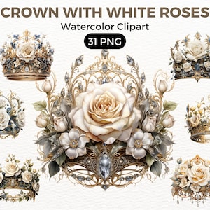 Royal Crowns With White Roses Clipart, Watercolor floral clipart, bouquets, flowers, nursery, wreath, blossom, for portraits, accessories