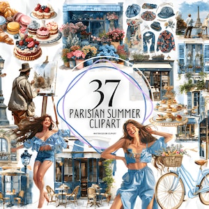 Pariser Sommer Clipart - Eiffelturm Clip Art, Croissant, Romantisches Paris Frankreich PNG, französisch Instant Download Kommerzielle Nutzung