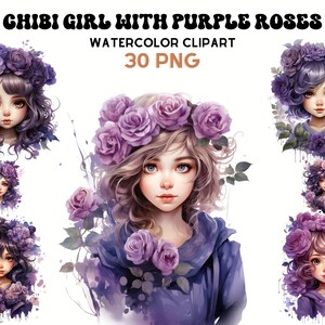 Purple Roses Chibi Girls, Watercolor Girls, Cute Illustrations, Digital Craft Bundle, Scrapbooking Bundle, Whimsical Paper Craft Digital Art