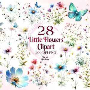 Puede incluir: Un conjunto de 28 ilustraciones de acuarela de flores delicadas y mariposas. Las flores son en tonos de rosa, azul, morado y amarillo. Las mariposas son azules y blancas. Las ilustraciones son perfectas para agregar un toque de fantasía a cualquier proyecto.