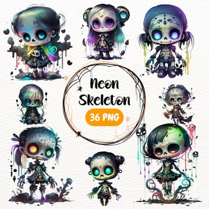 Watercolor Halloween Neon Skeletons Clipart, Cute Halloween Clipart, Skeleton PNG, Pumpkin PNG, Spooky Clipart Instant Digital Download