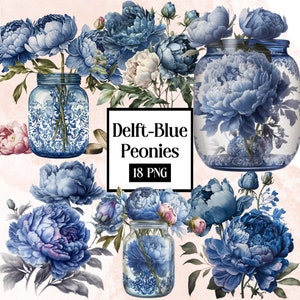 Delf-Blue Peonies, watercolour peony clipart, peony illustration, floral clipart, watercolour flower clipart, watercolour png, gold flowers