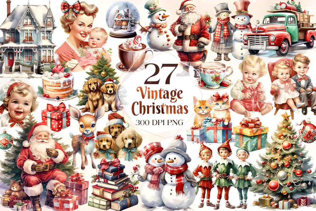 Vintage Christmas Clipart Bundle | Painted Watercolor Christmas Clipart ...