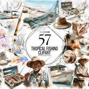 Tropical Fishing clipart | Camping clip art | Watercolor fishing supplies | Father&#39;s day clipart | Fishing png files for sublimation design