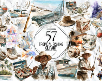 Tropical Fishing clipart | Camping clip art | Watercolor fishing supplies | Father's day clipart | Fishing png files for sublimation design