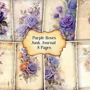 Purple Roses Junk Journal Kit, Vintage Red Roses Junk Journal Pages, Dictionary page Junk Journal Printable Paper, Digital Collage Sheet