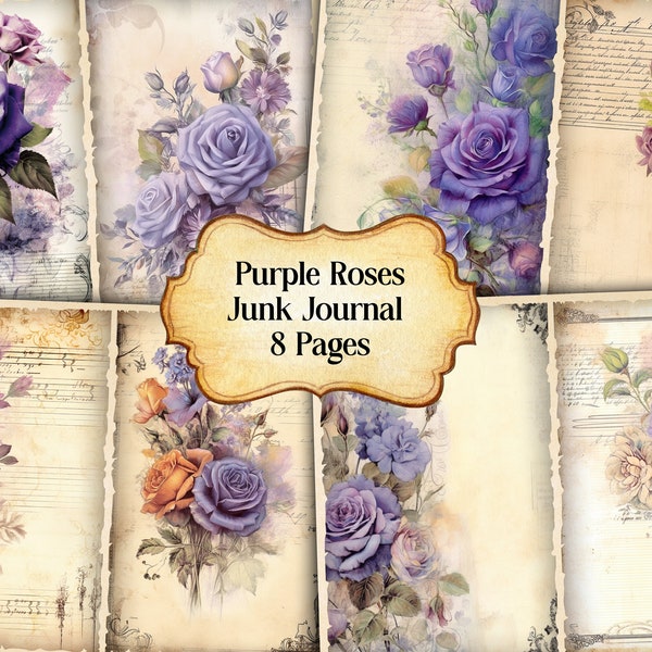 Purple Roses Junk Journal Kit, Vintage Red Roses Junk Journal Pages, Dictionary page Junk Journal Printable Paper, Digital Collage Sheet