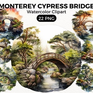 Monterey Cypress Tree Bridge Clipart, Trees Digital watercolor png Bridge, Watercolor Clipart Spring, Forest Trees illustration Digital Art