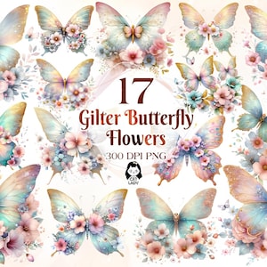 Paillettes pastel papillons aquarelle Clipart Bundle PNG papillon fleurs Images, graphiques printaniers, téléchargement numérique instantané, usage Commercial
