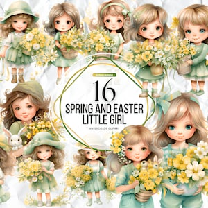 Frühling und Ostern Aquarell Clipart, Mädchen, Bestie, Vogelhaus, Kinderblumen rosa, zart, Babyparty, Blumenstrauß Kirsche Sakura