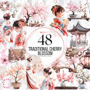 Kirschblüten Clipart Bundle, 48 PNG Frühling Sakura, Florale rosa Blüten, Japanische Sakura PNG, Frühling Blumenmädchen Clip Art, kommerzielle Nutzung