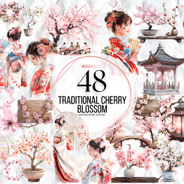 Cherry Blossom Clipart bundle, 48 PNG Spring Sakura, Floral Pink Blossoms, Japanese Sakura PNG, Spring Flower Girl Clip art, Commercial Use