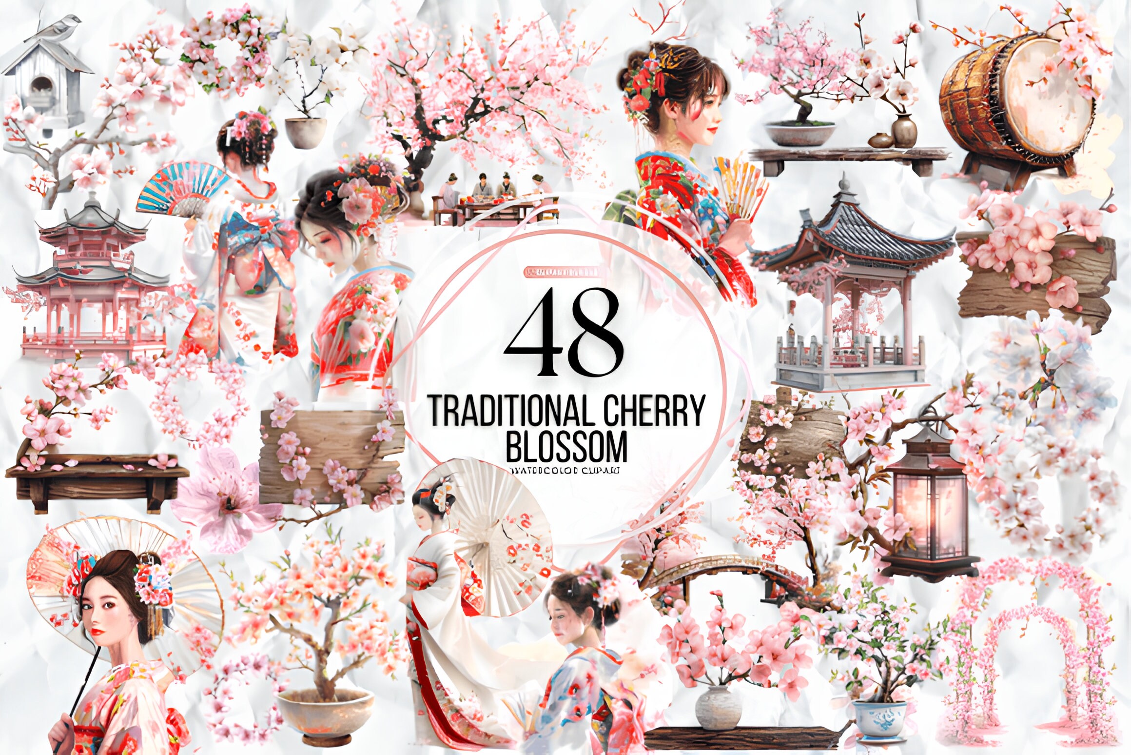 Cherry Blossom Clipart Bundle, 48 PNG Spring Sakura, Floral Pink ...