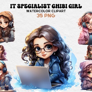 IT Specialist Chibi Girls, Watercolor Girls, Cute Illustrations, Digital Craft Bundle, Scrapbooking Bundle, Whimsical Paper Craft, Tropic