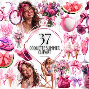 Coquette Summer Clipart - Clipart de temporada, Descarga instantánea de acuarela, Summer Clipart Sun Lawn Chair Chanclas Paletas Vacaciones