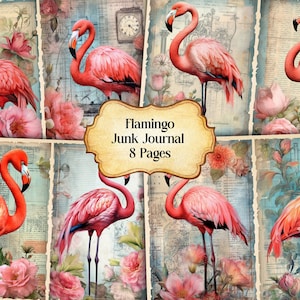 Watercolor Flamingo Junk Journal Printable Page, Flamingo Junk Journal Kit, Junk Journal Paper Digital Collage Sheet, Instant Download