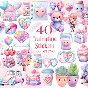 Grazioso pacchetto di clipart di adesivi pastello di San Valentino, clipart Kawaii di San Valentino, grafica png di San Valentino, sfondo trasparente, uso commerciale