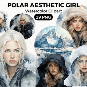Clipart de garota de inverno polar, linda garota polar, neve, paisagens polares, cartão de arte, álbum de recortes, diário, artesanato em papel, uso comercial