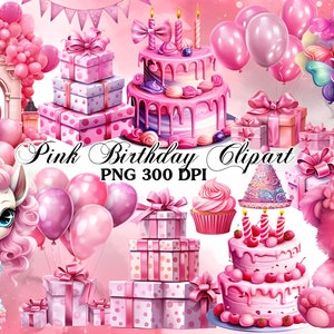 Paquete de imágenes prediseñadas de cumpleaños rosa / acuarela, cumpleaños, globos, caja de regalo, piruletas, cupcakes / imágenes PNG de alta resolución / descarga instantánea