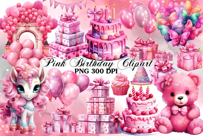 Pink Birthday Clipart Bundle | Watercolor, Birthday, Balloons, Gift Box ...