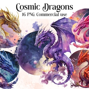 Cosmic Dragons Clipart, PNG SVG, Full Commercial Use, Fantasy Clipart, Watercolor Dragon Clipart,Watercolor Clipart with Instant Download