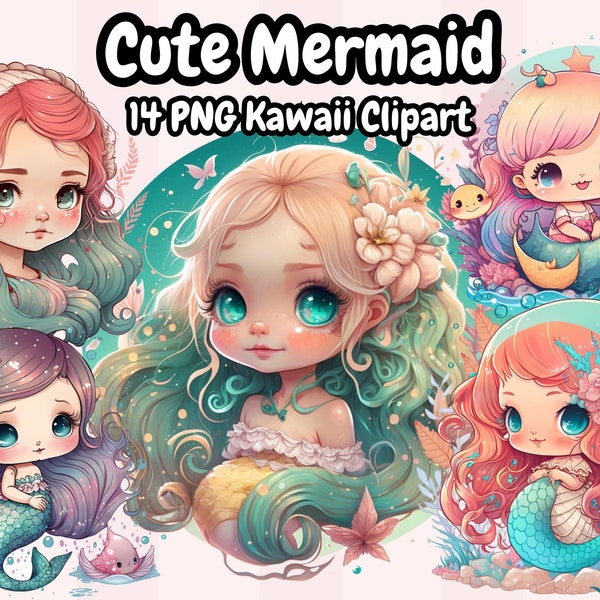 Fantasy süße Meerjungfrau Kawaii Clipart, Meerjungfrau Clip Art, königliche Meerjungfrauen, magische Meerjungfrau png, Papiermodell, süße Kawaii Meerjungfrau Clipart Bundle