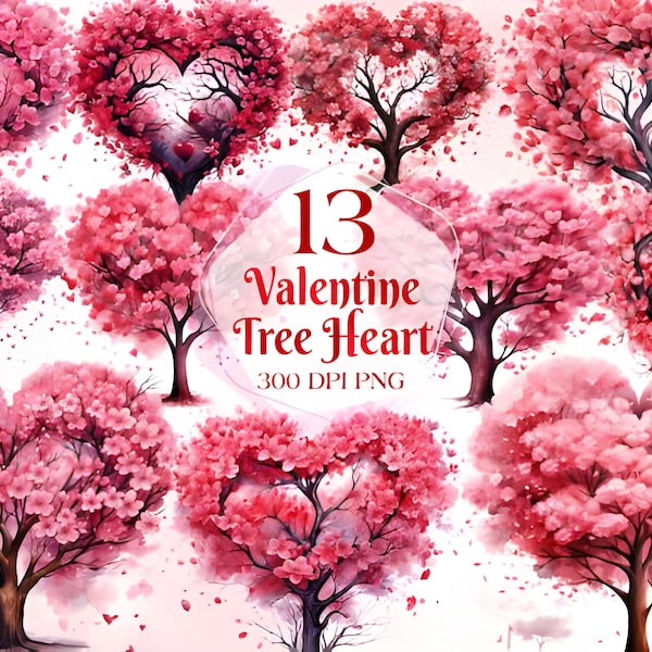 Watercolor Valentines Tree Clipart, PNG JPG Valentines Day Clipart, Valentines Tree Clipart, Love Tree JPG Instand Download Commercial Use