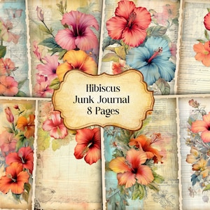Hibiscus Junk Journal Kit, Vintage Hibiscus Flowers Journal Pages, Dictionary page Junk Journal Printable Paper, Digital Collage Sheet