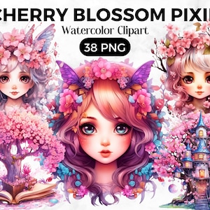 Watercolour Cherry Blossom Pixie Clipart, Princess Fantasy PNG Digital Image Downloads for Card Making, Scrapbook, Junk Journal,Paper Crafts