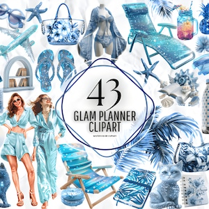 WatercolorGlam Summer Planner Clipart Bundle - lindas cenas de mesa de planejador floral rústico em formato PNG download instantâneo para uso comercial