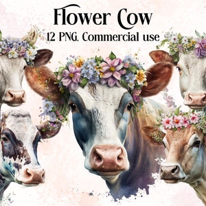 Flower Cows PNG, Brown Cow, Watercolor Cow PNG, White Cow, Animal Clipart, Cow Image, Cow Clipart, Cow Sublimation, Instant Download