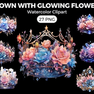 Royal Crown With Glowing Flowers Clipart, Watercolor floral clipart, bouquets, flowers, nursery, wreath, blossom, for portraits, accessories