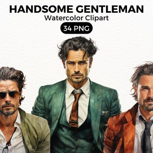 Beau gentleman aquarelle ClipArt - bel homme Illustration PNG Scrapbooking artisanat Bundle papier numérique fabrication de cartes à usage Commercial