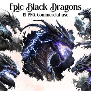 Epic Black Dragons Clipart, PNG, Full Commercial Use, Fantasy Clipart, Watercolor Dragon Clipart, Watercolor Clipart with Instant Download