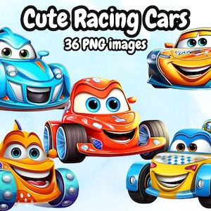 Niedliche Rennautos Clipart, Baby süße Autos Cartoon für Kinder, Sofort-Download, Kinder Fahrzeuge Cartoon animierte Fahrzeuge hochwertige PNG Clipart