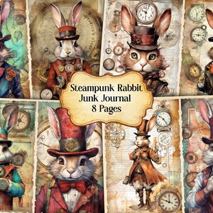 Watercolor Steampunk Rabbit Junk Journal Printable Page,Steampunk Junk Journal Kit,Junk Journal Paper Digital Collage Sheet,Instant Download