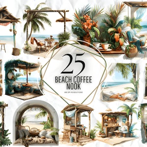 Beach Coffee Time Nook Clipart - aquarel clipart bundel Seaview Coffeeshop gratis commerciële png, meisje met koffie aan zee