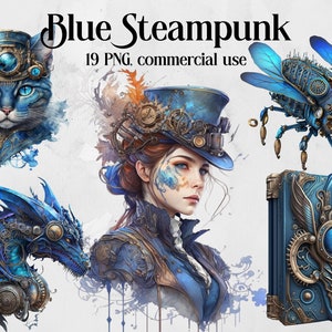 Watercolor Clipart Blue Steampunk, Watercolor Steampunk PNG,Pink Steampunk Victorian Bundle, Fantasy Clipart, Instant Digital Download