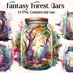 Watercolour Fantasy Forest Jars Clipart - Fantasy Forest PNG Digital Image Downloads for Card Making, Scrapbook, Junk Journal, Paper Craft,