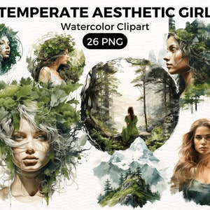 Clipart de menina de clima temperado, menina bonita, paisagens florestais menina arte cartão fazendo scrapbook lixo diário artesanato de papel, uso comercial