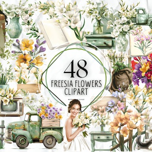 Clipart de buquês de flores, buquês de frésia png, clipart de flores em aquarela, folhagem, designs de sublimação para impressão, clipart digital PNG