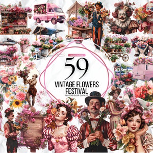Vintage Flowers Festival Clipart PNG Images, Fussy Cut Clipart, Digital Stickers for Note Apps, Junk Journals, Scrapbooking Digital Download