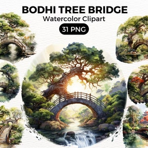 Bodhi Tree Bridge Clipart, Trees Digital watercolor png Bridge, Watercolor Clipart Spring, Forest Trees illustration Digital Art